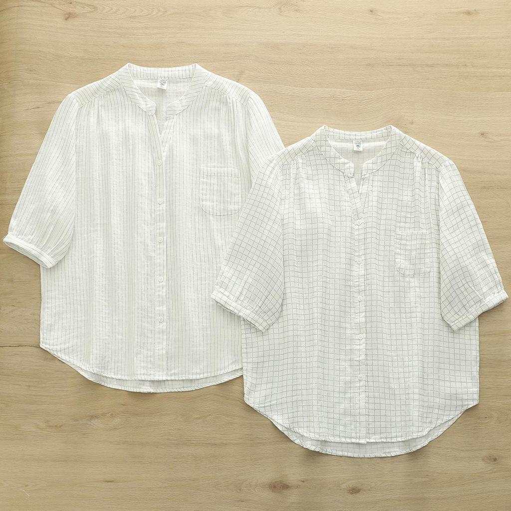 Reine Baumwolle V-Ausschnitt Kariert Damen Kurzarm Doppellagiges Mullhemd