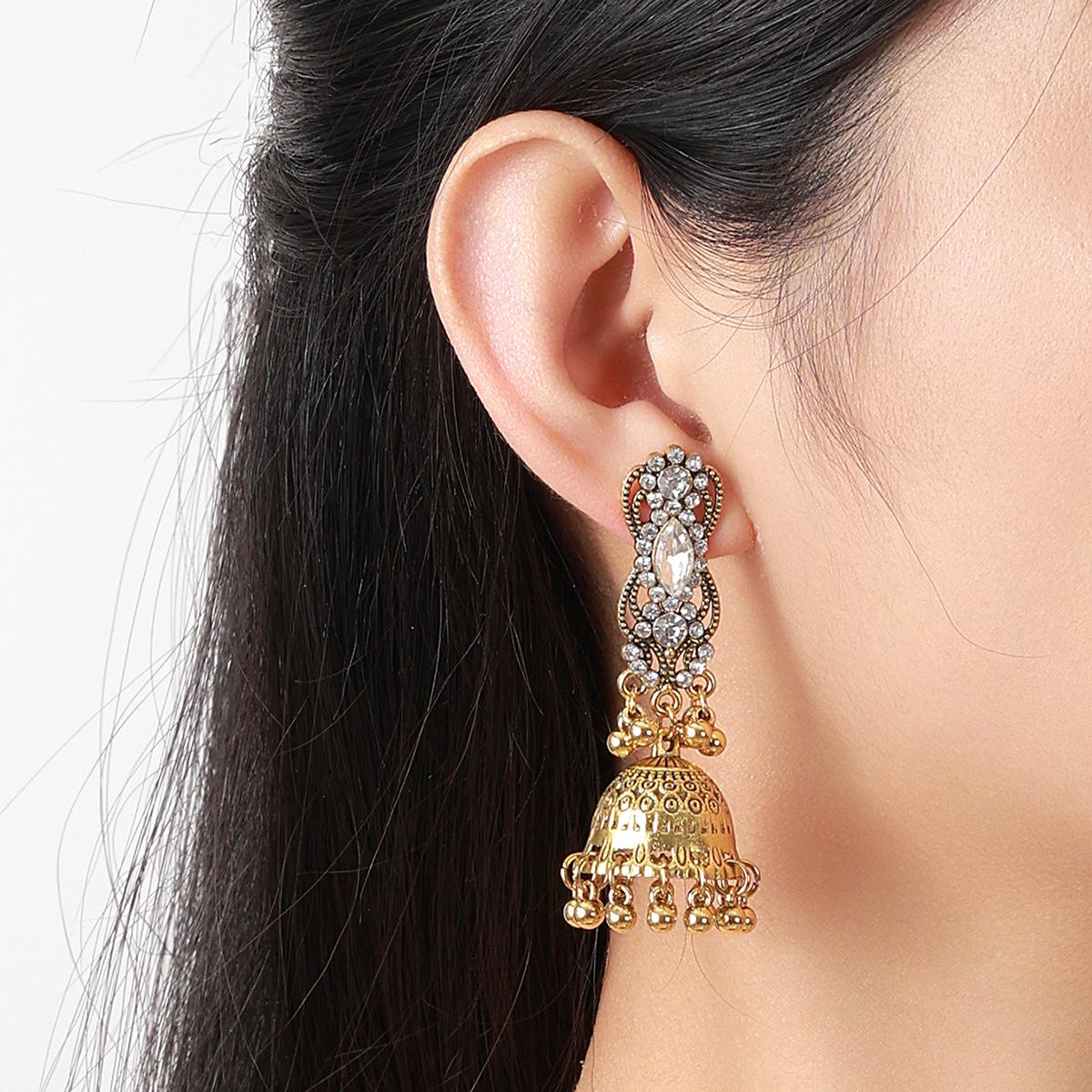 Retro Indian-Style Birdcage Earrings with Rhinestone Crystals