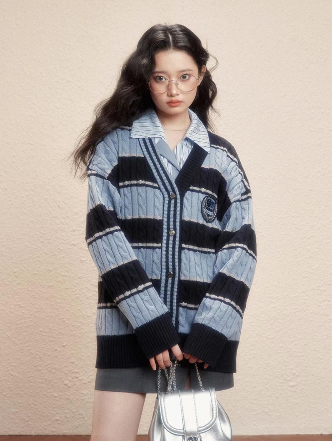 

Женский кардиган-жакет Harry Potter x JK с контрастным цветным узором и переплетением нитей — стиль колледжа, свободный крой, коллекция осень/зима One Size синий