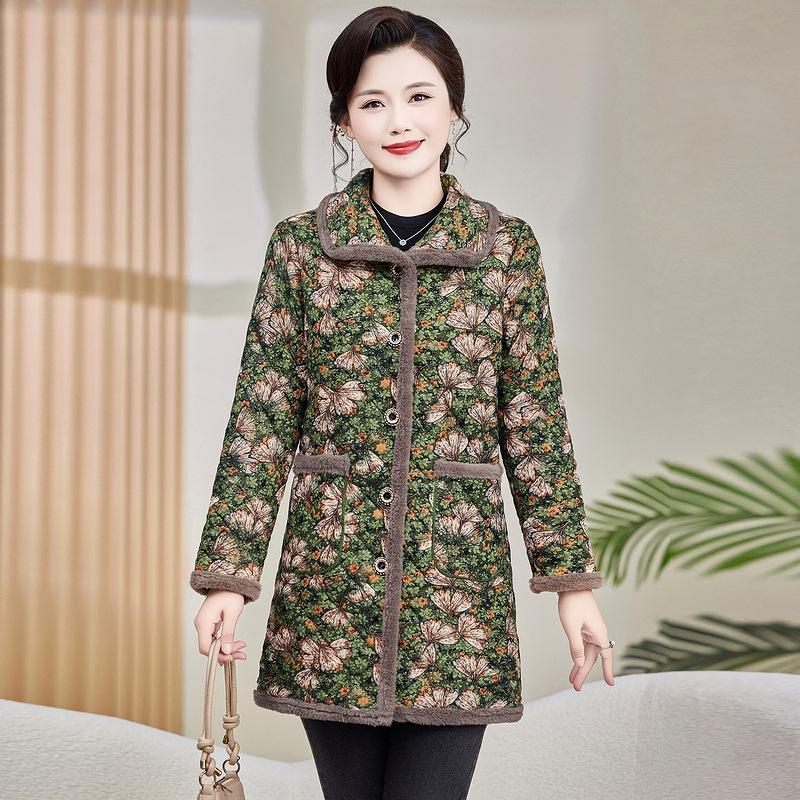 Women's Winter Clothing New Middle Aged and Elderly Cotton Jacket with Velvet and Cotton Warmth Top Coat Medium Length Cotton Jacket
