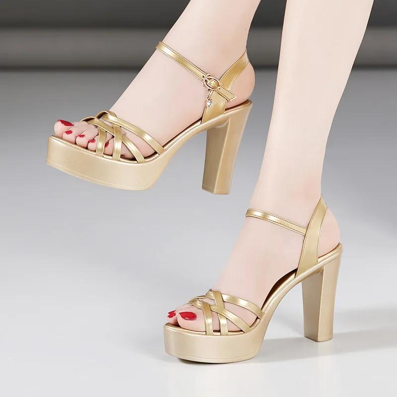 Übergröße 32-43 Blockabsatz Plateau Schuhe Leder 2025 Sommer High Heels Sandalen Damen Elegant Silber Rot Weiß Hochzeitsschuhe