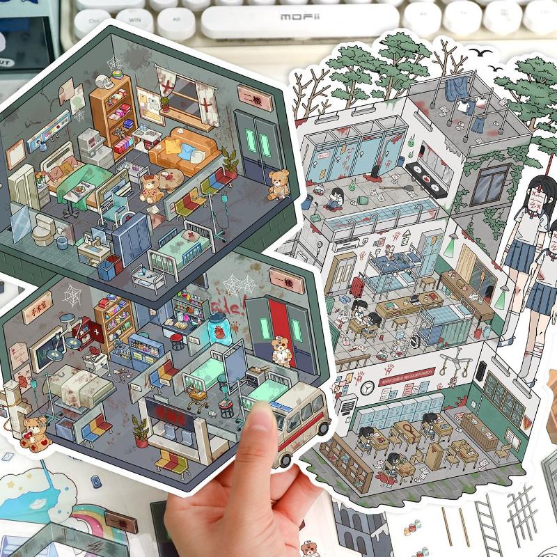 Horror Series School Hospital Scene Sticker for Girls Creative Design DIY Decor Room Layout Mini Decal Stress Relief Sticker