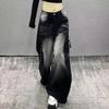 Women Gradient Washed Rivet Decor Wide Leg Denim Pants High Waist Baggy Jeans