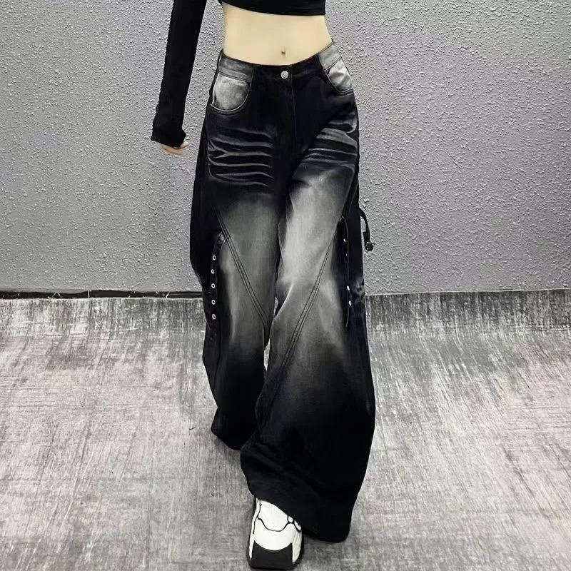 Women Gradient Washed Rivet Decor Wide Leg Denim Pants High Waist Baggy Jeans