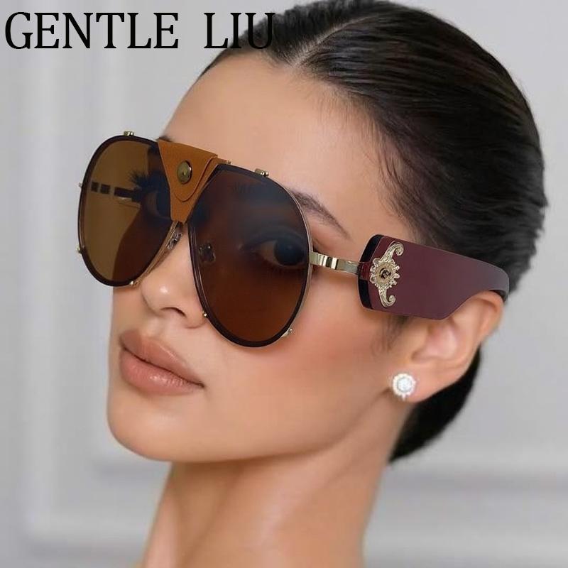 Steampunk Oversized Vintage Pilot Sunglasses Women 2026 Luxury Brand Oval Shield Eyewear Goggle Shades Driving Leather Sunglass