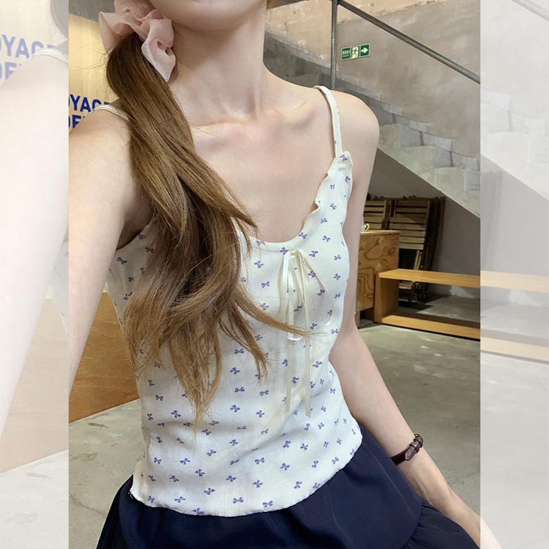 Design Sense Bow Lace-up Fungus Edge Sling Vest Women's Summer New Pure Desire Style Versatile Small Top