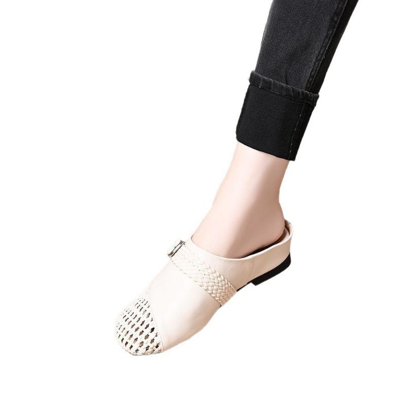 Woven Hollow Bag Head Mop Leather Thick Heel Half Slippers Women's Versatile Low Heel Sandals Women's One-button Round Head Cool Slippers