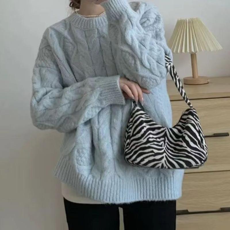 Pink Twist-Knit Pullover Sweater for Women Autumn Winter Korean Version Soft Lazy Loose Thickened Knitwear Top