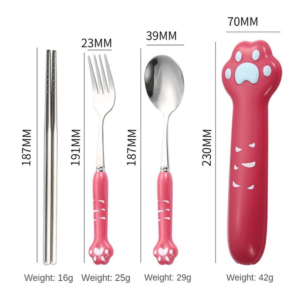 Stainless Steel Spoon Fork Set Cute Cat Claw Storage Box Portable Cutlery Set for Students Children School