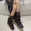 Nischendesign plissierte Stiefel zum Stapeln Damen neue koreanische Version Schnürung dicker Absatz erhöht und dünn mittelhoher Schaft flache Ballerinas