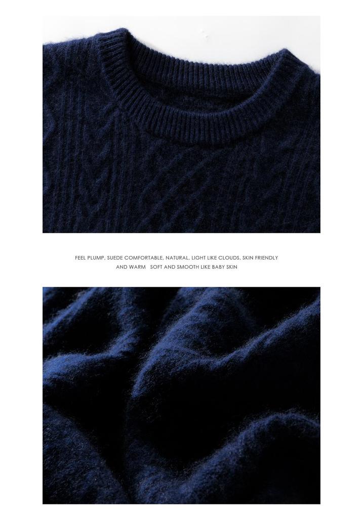 Men's Loose Round Neck Cable Knit Cashmere Sweater - Business Casual Jacquard Knitwear