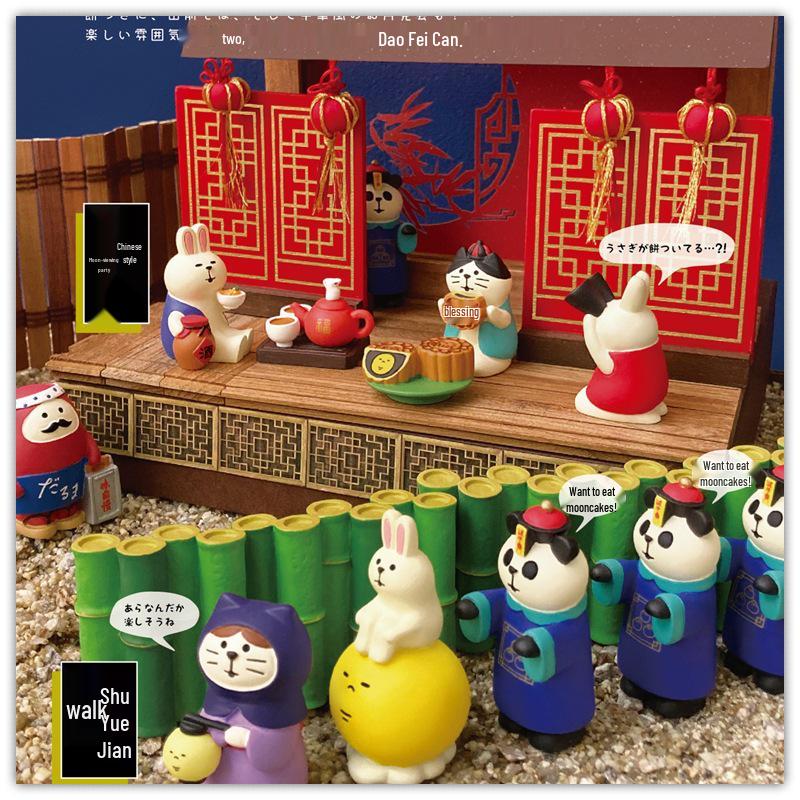 Mid-Autumn Festival Mooncake Box with Cat & Rabbit Resin Ornaments