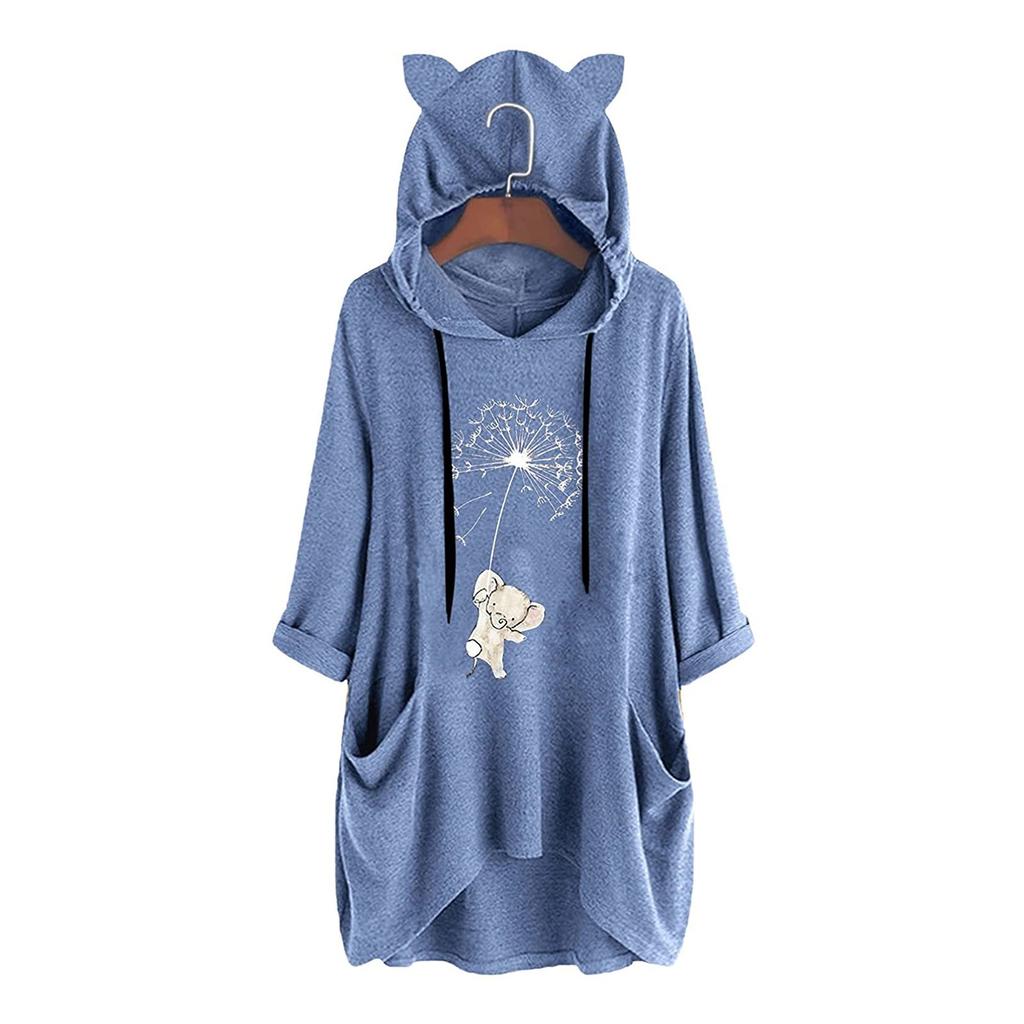 Women Casual Hooded Long Sleeves Elepha  Print Pocket Shirt Irregular Top Blouse