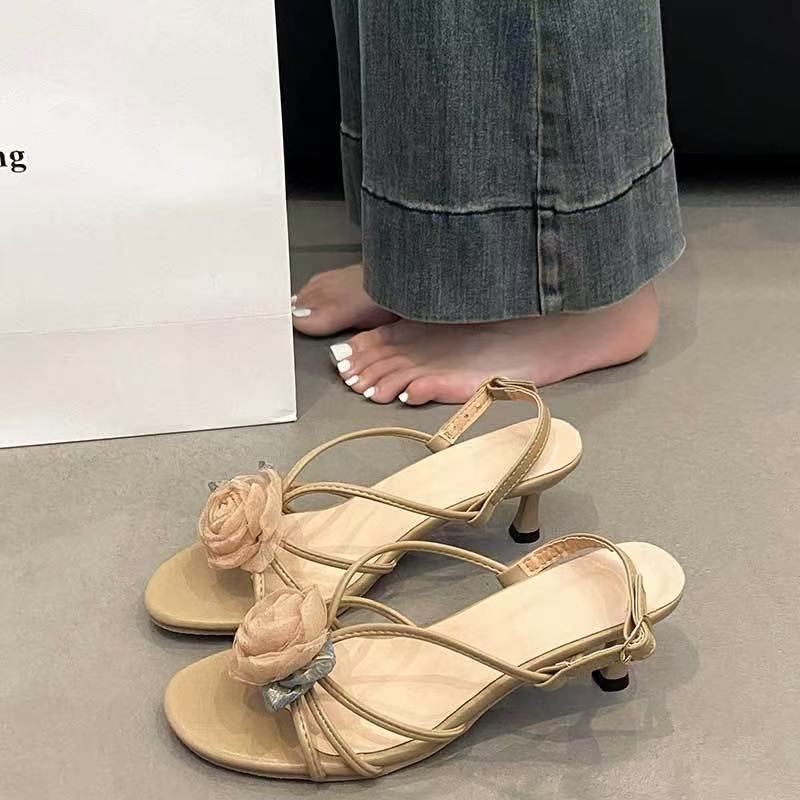 Fairy Shoes Large Size 42 Female High-heeled Sandals Female Summer Temperament Elegant Flower Thin Heel One-word Buckle Belt Summer Skirt