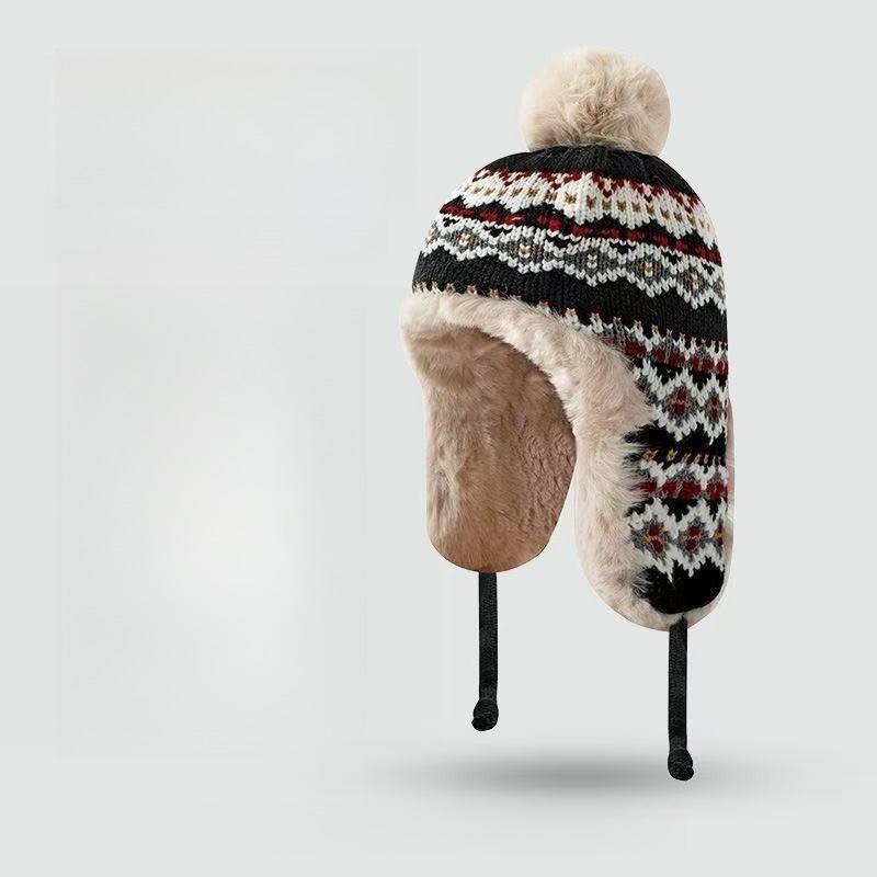 Winter Jacquard Women's Vintage Ethnic-Style Thickened Warmth-Retaining Cold-Protection Ear-Covering Hat Lei Feng Knit Hat
