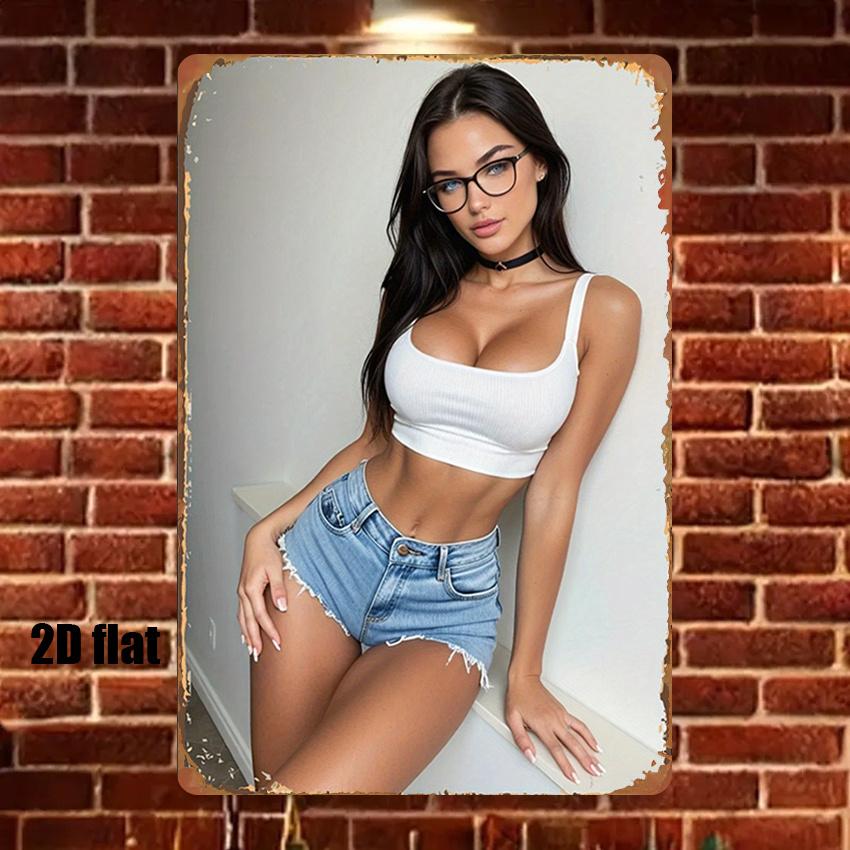

Vintage Brunette Beauty in White Crop Top and Denim Cutoffs with Glasses Metal Tin Sign D Flat Retro Wall Art Decor Plaque fo 20x30cm（7.8x11.8inch）