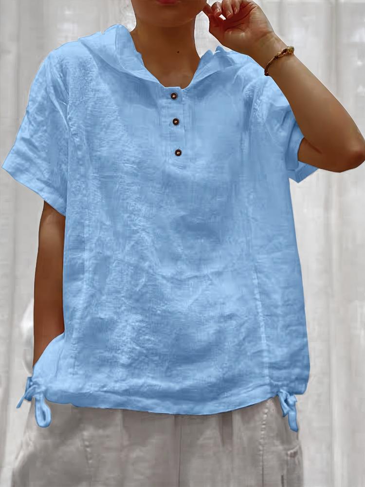 Women Loose Solid Color Hooded Collar Short Sleeve Front Button Pullover