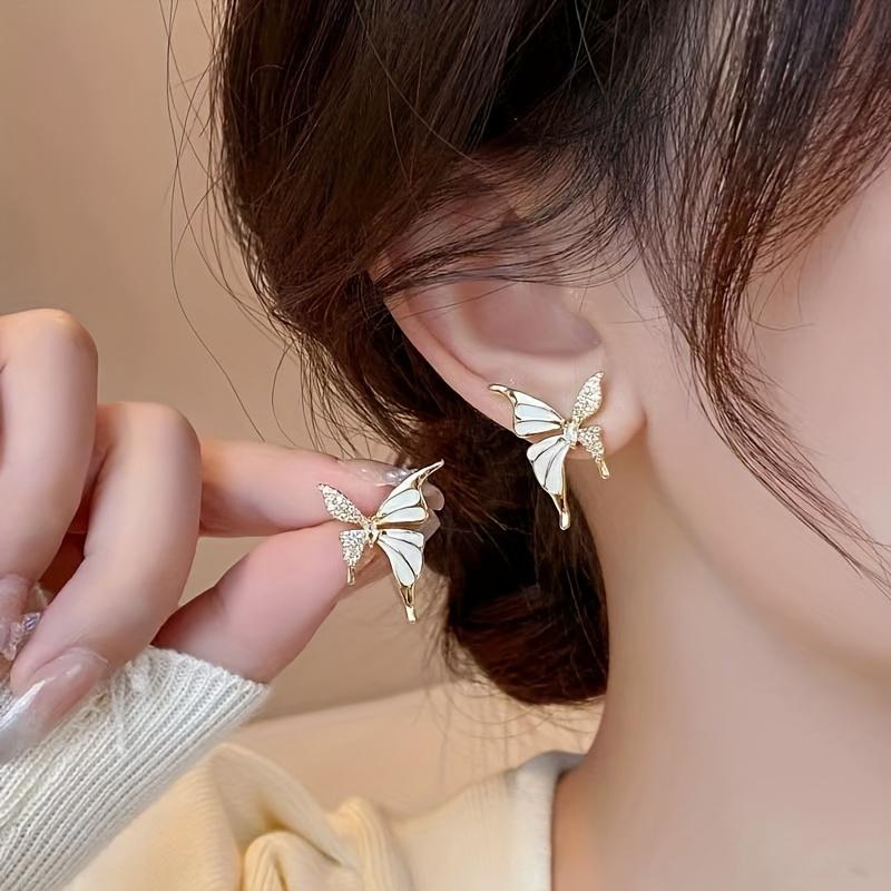 Petite Butterfly Stud Earrings with Rhinestones, Fashionable Simple Korean Style, Versatile Chic Trendy Accessory