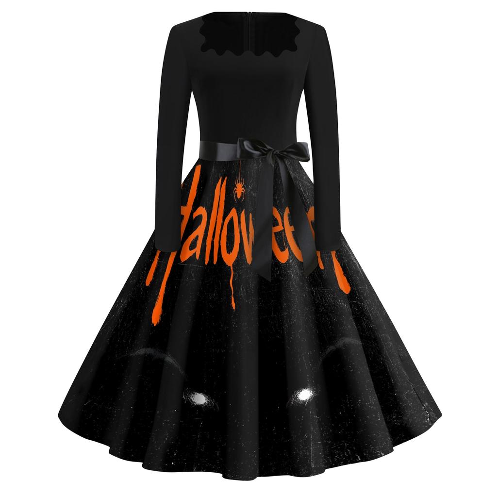 Women's Casual Vintage Dress with Halloween Print Square Neck for Daily Wear