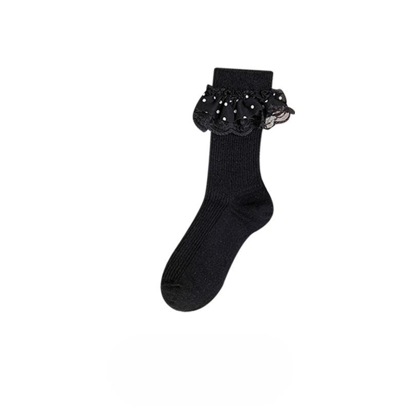 Spring and Autumn Socks, Women's Mid-calf Lace Polka Dot Black and White Pile Socks, Autumn and Winter Mid-calf Socks