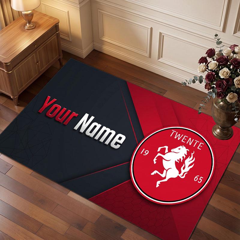 Tappeto in Cristallo di Velluto Personalizzato FC Twente, Stampa Testo Nome Personalizzato, Logo Calcio Morbido Antiscivolo Tappetino per Pavimento Decorazione Casa Regalo