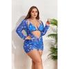2025 Print 3 Piece Long Sleeve Smock Plus Size Push Up Bikini Women High Waist Big Swimsuit Beach Chubby Bathing Suit