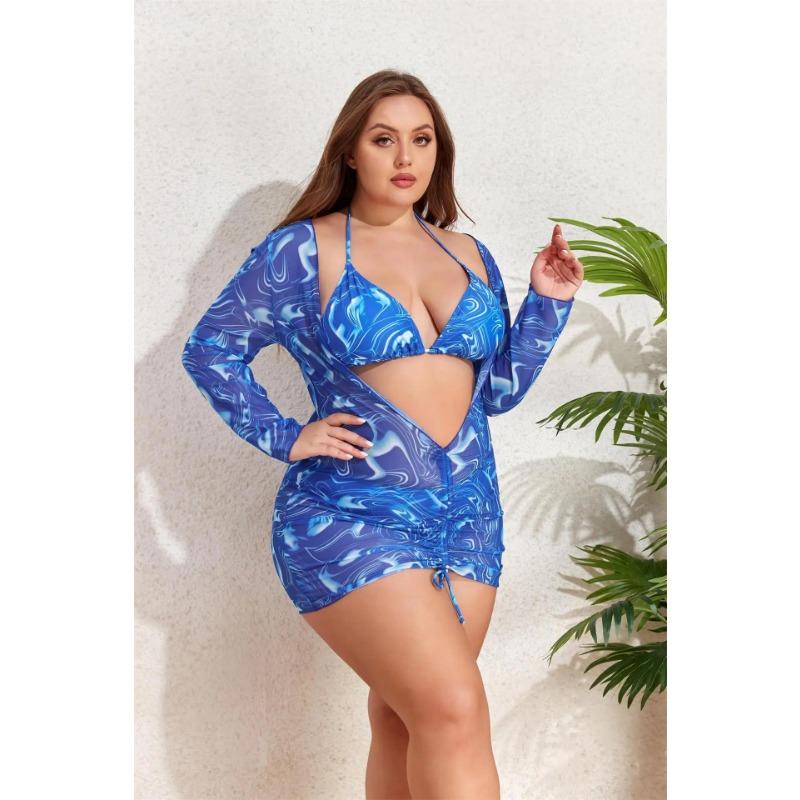 2025 Print 3 Piece Long Sleeve Smock Plus Size Push Up Bikini Women High Waist Big Swimsuit Beach Chubby Bathing Suit