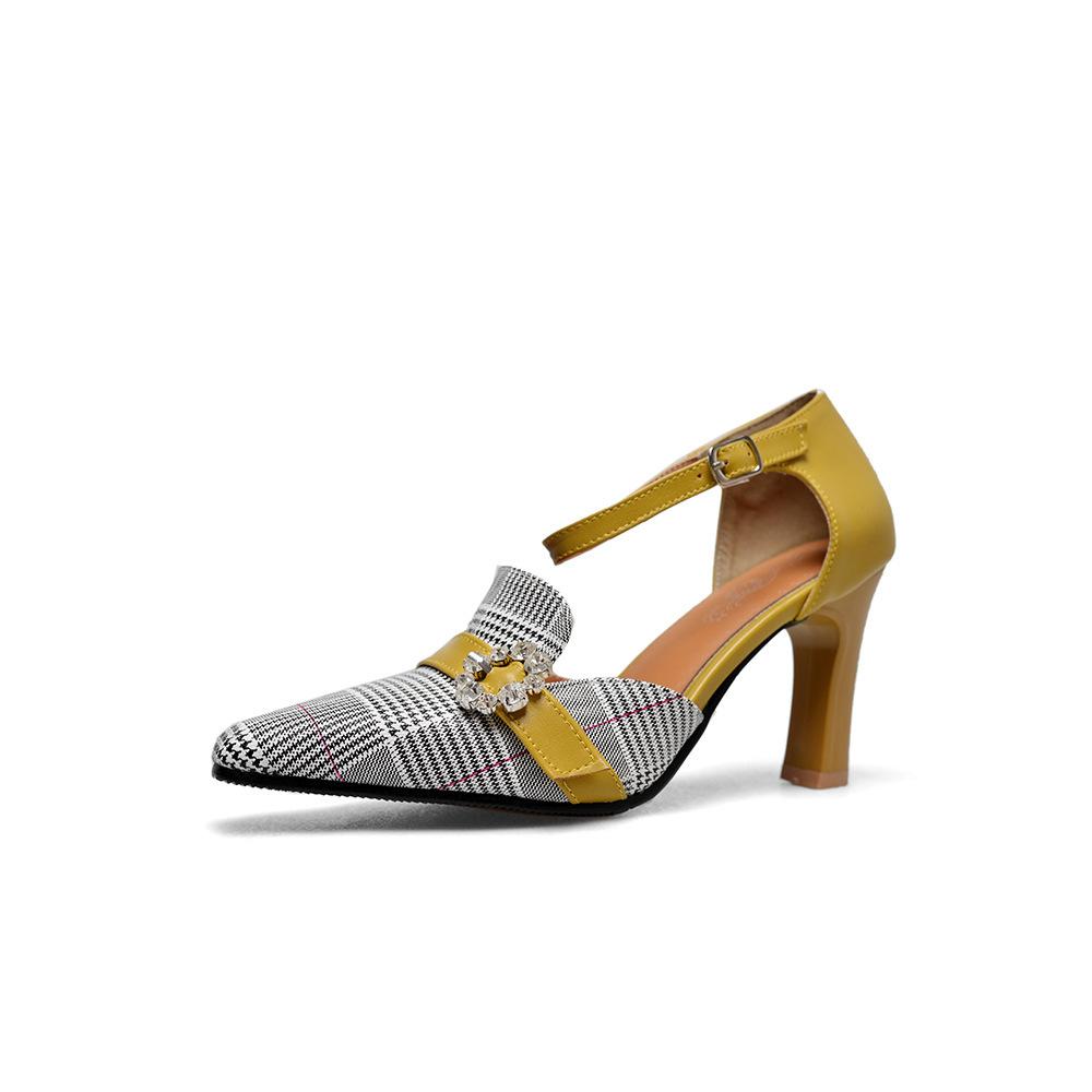 

2019 новые модные заостренные цветные корейские босоножки со стразами и пряжкой на толстом каблуке, элегантные женские босоножки 33 имбирный