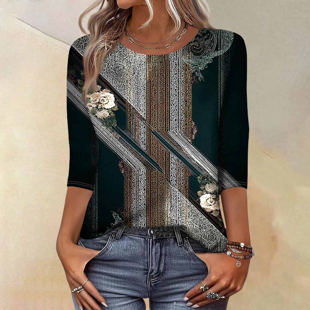 Módní vintage top s 3/4 rukávem pro ženy, dámská ležérní halenka s tříčtvrtečním rukávem a kulatým výstřihem s potiskem