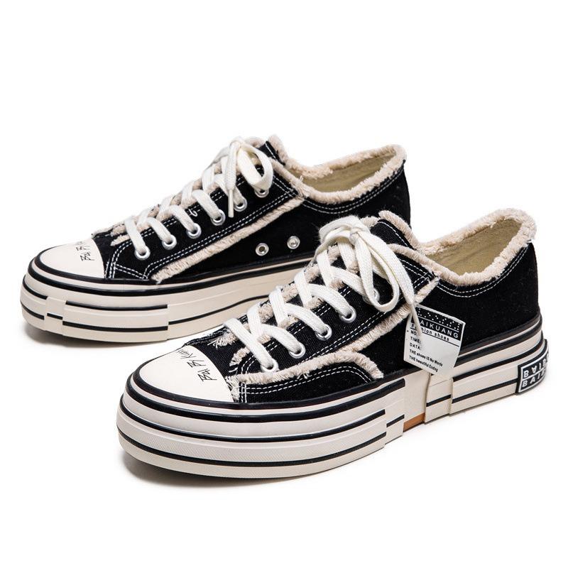 Men Black Frayed Canvas Sneakers Retro Thick-Sole Lace-Up Casual Shoes with Patch Detail 35 чёрный