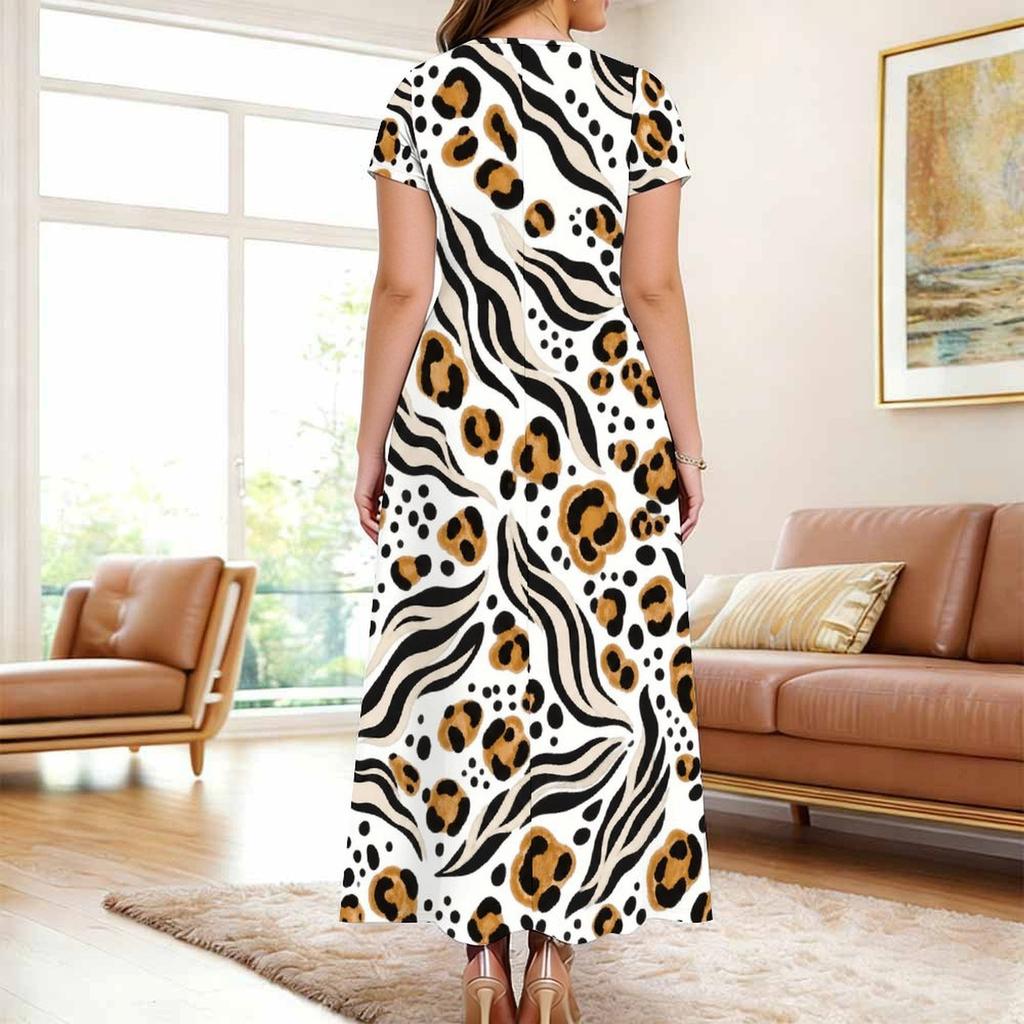 Women Plus Size Round Neck Keyhole Cutout Short Sleeve Leaves Printed Maxi Dress
