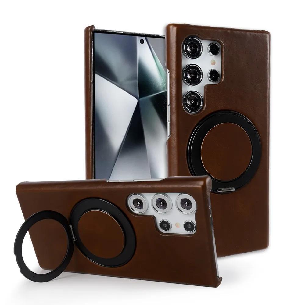 Luxury Genuine Leather Case For Samsung Galaxy S24 Ultra S23 S22 S21FE S20 Note20 S23FE Magnetic Ring Stand Bracket Phone Cases