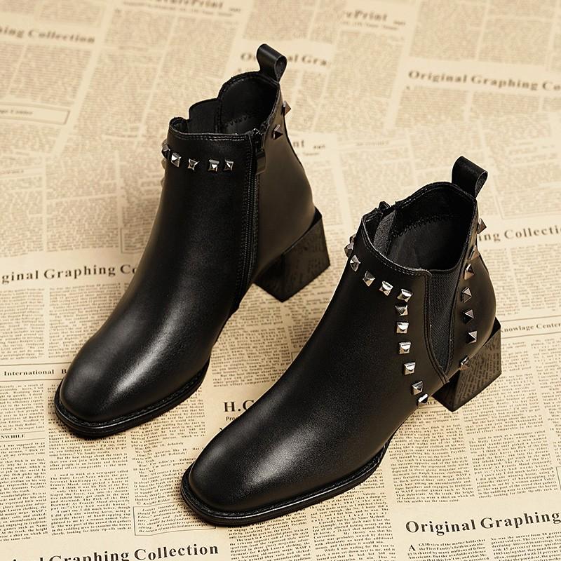 Winter New Thick Heel Cotton Boots Women Round Head Sleeve Rivet Anti-slip Wear-resistant Short Boots