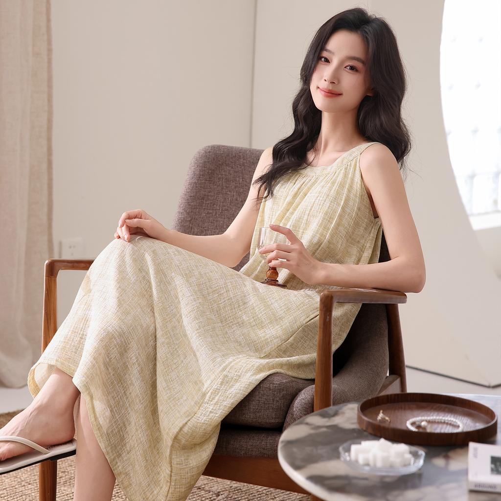 Suspender Nightdress Women's Cloud Cotton Cool Solid Color Sleeveless Neck Pajamas with Chest Pads Summer Loungewear Can Be Worn Outside