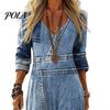 Boho Style Dress Denim Print Maxi for Women, Casual Long Sleeve V A-line Neck Dress, Summer Loose Flowy Vacation Women
