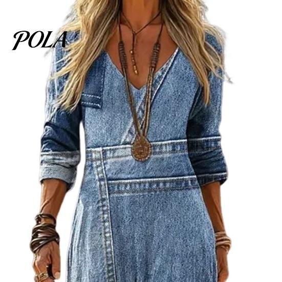 Boho Style Dress Denim Print Maxi for Women, Casual Long Sleeve V A-line Neck Dress, Summer Loose Flowy Vacation Women