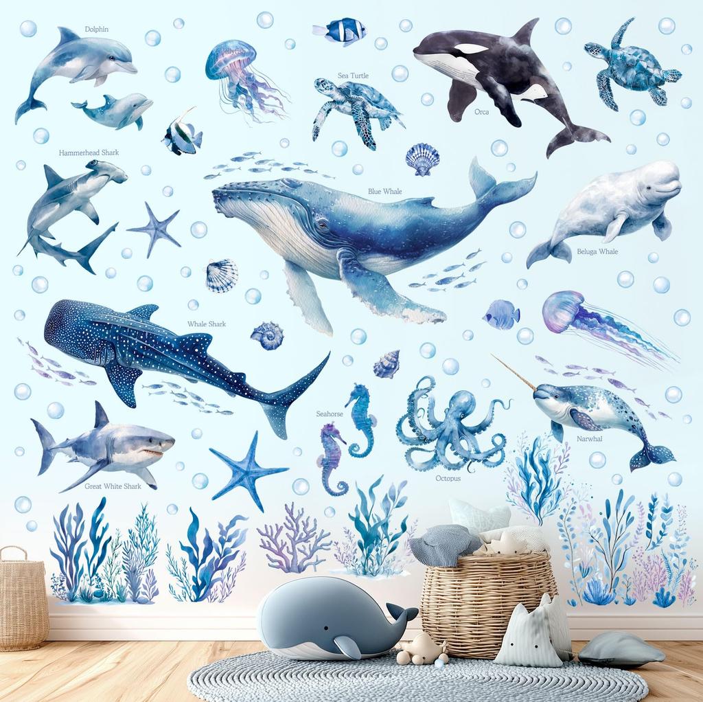 Decowall Sea Animal Wall Watercolor and Dolphin Design for and Removable Wall Decorations for Educational and Toddlers Stickers, Whale, Shark, Kids'