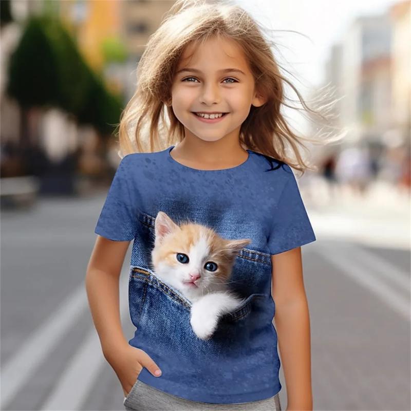 T-Shirt for Girls Cute Cat Pattern 3D Print Casual Vintage Short Sleeved T-Shirt Streetwear Style Unisex T-Shirts for Children