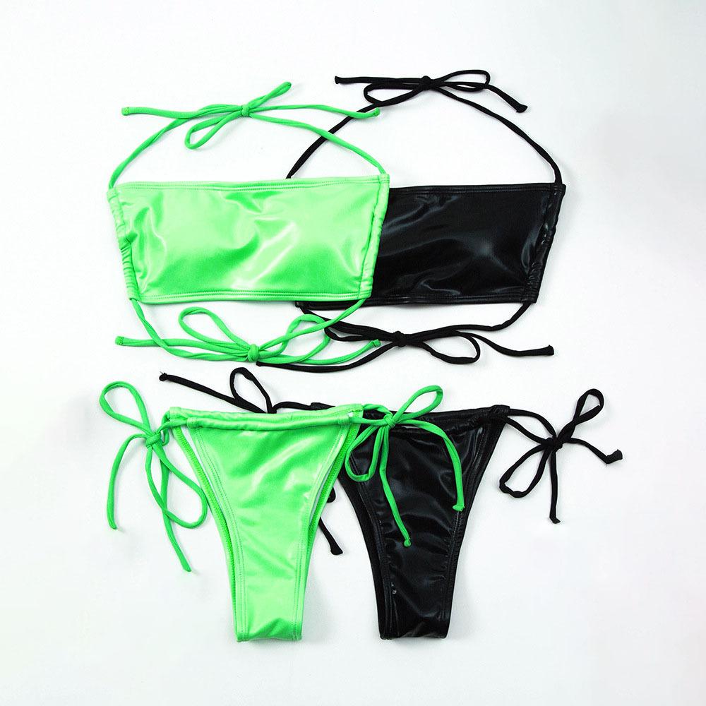 Bikini de cuero brillante con tiras elásticas para mujer, traje de baño cruzado, ropa de playa de moda