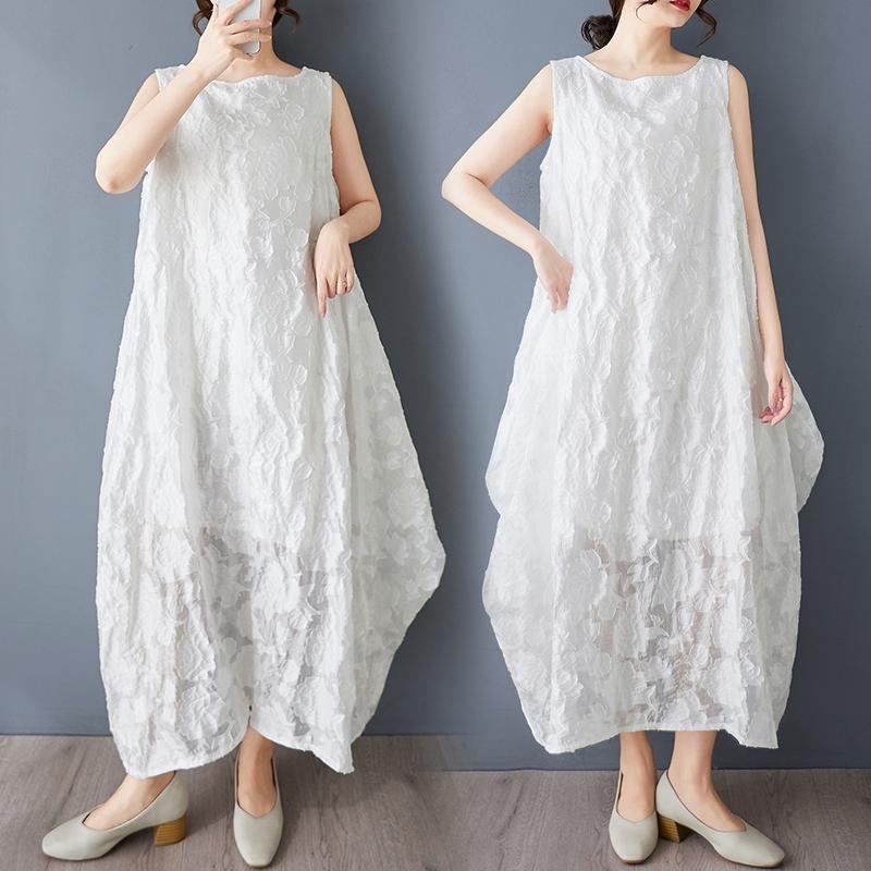 

DIMANAF 2025 New Summer Women Plus Size Loose Vintage Floral Dress Basic Sundress Casual White Long Dress One Size белый
