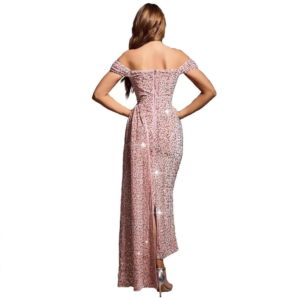 OS7036 Women's Off-the-Shoulder Sequin Sleeveless Dress: European and American Style