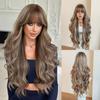 Brown Highlighted Long Wavy Wig with Bangs 30 Inch Soft Synthetic Full Cap Wig for Party Cosplay Daily Wear