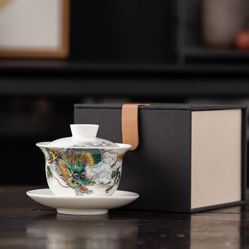 Longteng Jade Porzellan Sancai Gaiwan Hochwertige Geschäftsgeschenke für leitende Lehrer und Väter, hochwertige Souvenirs für die Jahresversammlung des Unternehmens