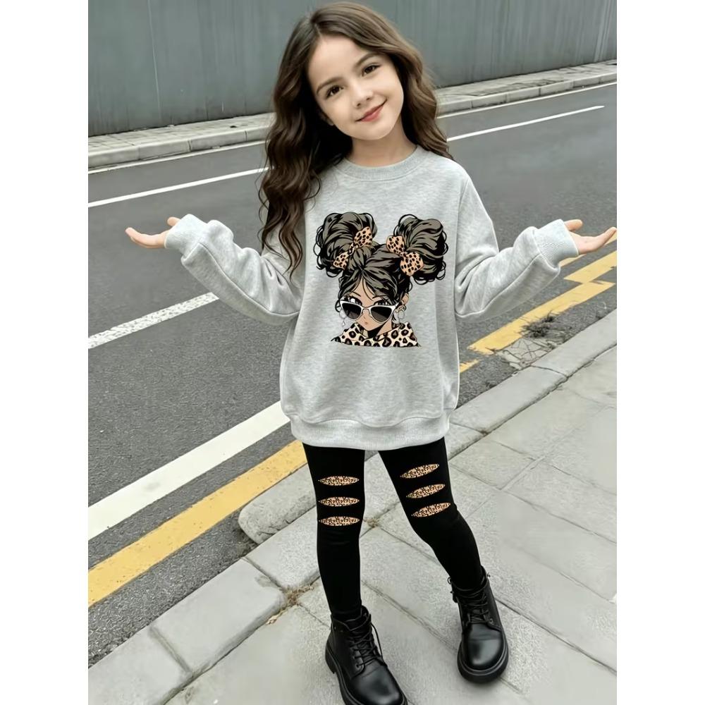 Girls' Leopard Mouse Casual Comfortable Soft Loose Pullover Sweatshirt and Leggings 2-Piece Set, New Autumn/Winter, Playful, Sweet and Cool Style