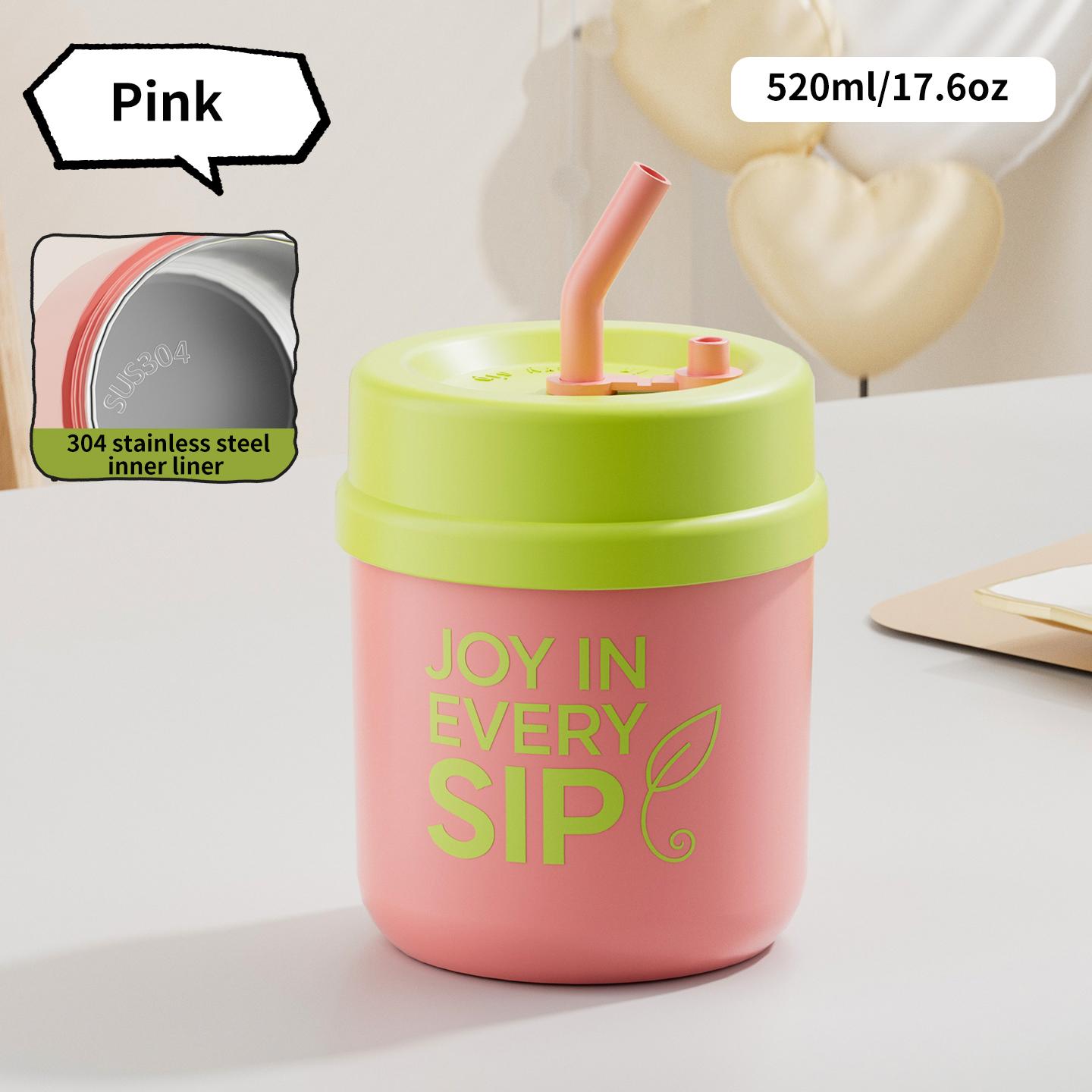 

1pc 520ml/17.6oz Stainless Steel Coffee Mug with Lid & Straw - Reusable, Non-Slip, Round Shape, ldeal for Hot & Cold Beverages, рожевий