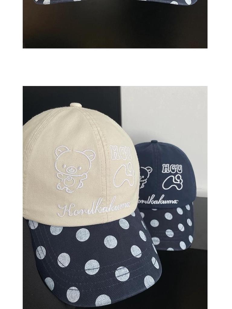 Korean Embroidery Rilakkuma Polka Dot Baseball Cap: Women's Spring/Autumn Fashion, Versatile Duckbill Hat for Slimming Face.