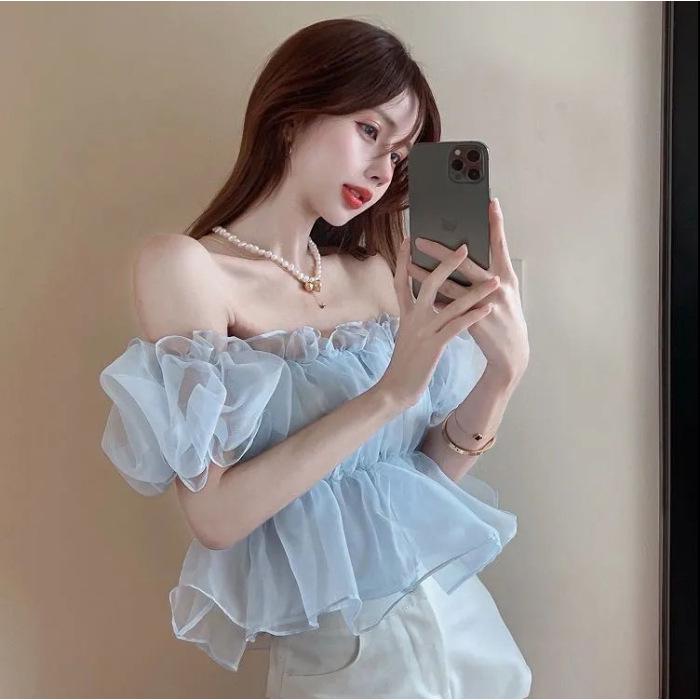 2025 Summer Women's Off-Shoulder Square Neck Puff Sleeve Top - Slim Fit Trend