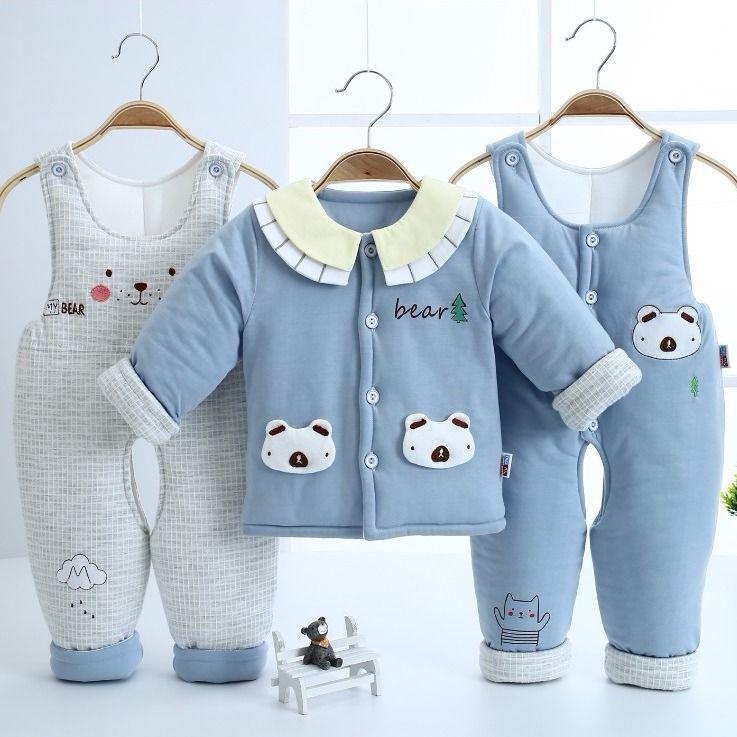 Infant Pure Cotton Autumn/Winter Three-Piece Set: Unisex Overalls for 0-12 Months, Thick and Warm