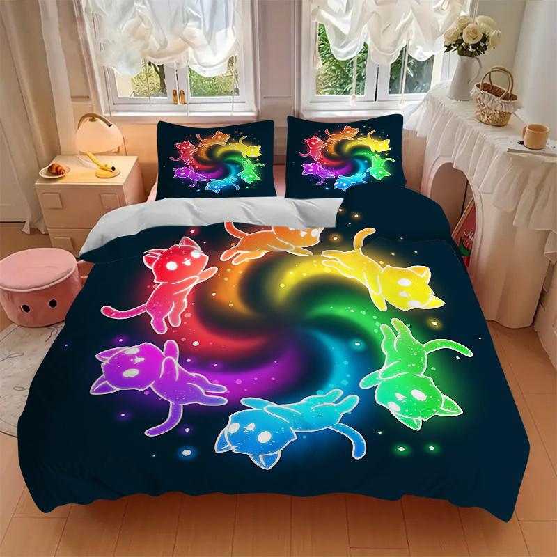 3-teiliges Sechs bunte süße Kätzchen Bettdecken-Set Cartoon-Thema Bettdecke Set Liebenswerte Charakter Schlafzimmer Dekoration Bettdecke Set Vier Jahreszeiten (1 Bezug + 2 Kissen