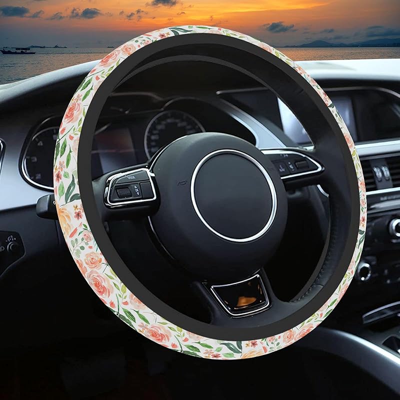 Wildflower Car Steering Wheel Cover, Flower Car Accessory For Diverse Cars, Cute Floral Print Steering Wheel Cover Protector For Women, For Steering